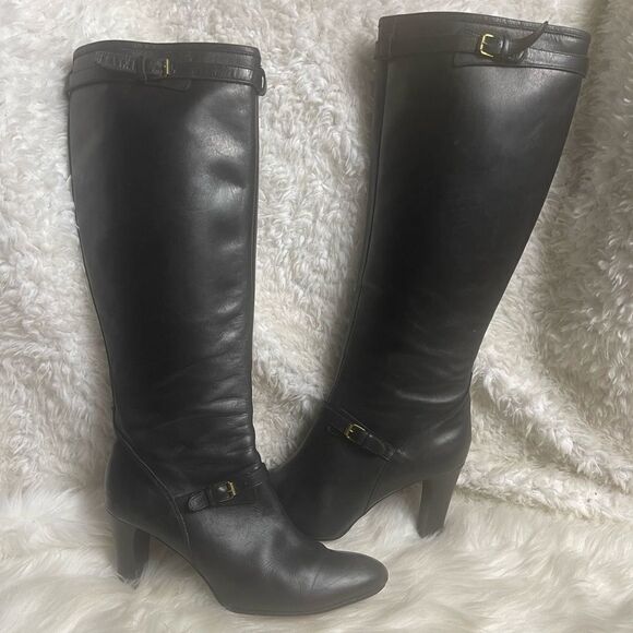 J Crew Made in Italy leather black knee high heels boots side zipper SZ 10 - Picture 1 of 16